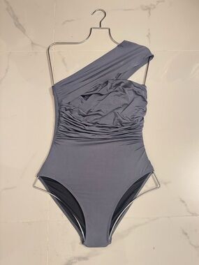ELEGANT SWIM One-Shoulder Ruched One-Piece Swimsuit in Slate Blue Full Covered